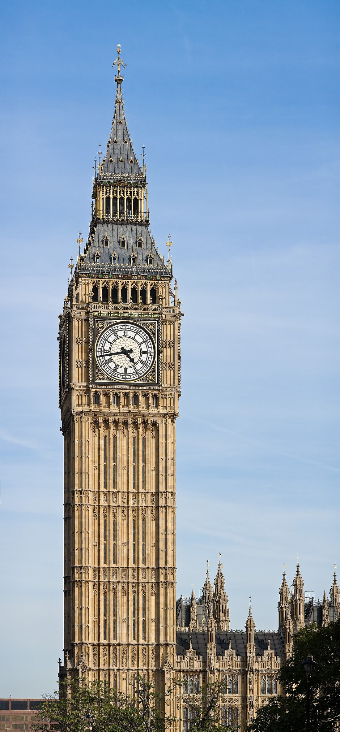 The clock tower at the Palace of Westminster